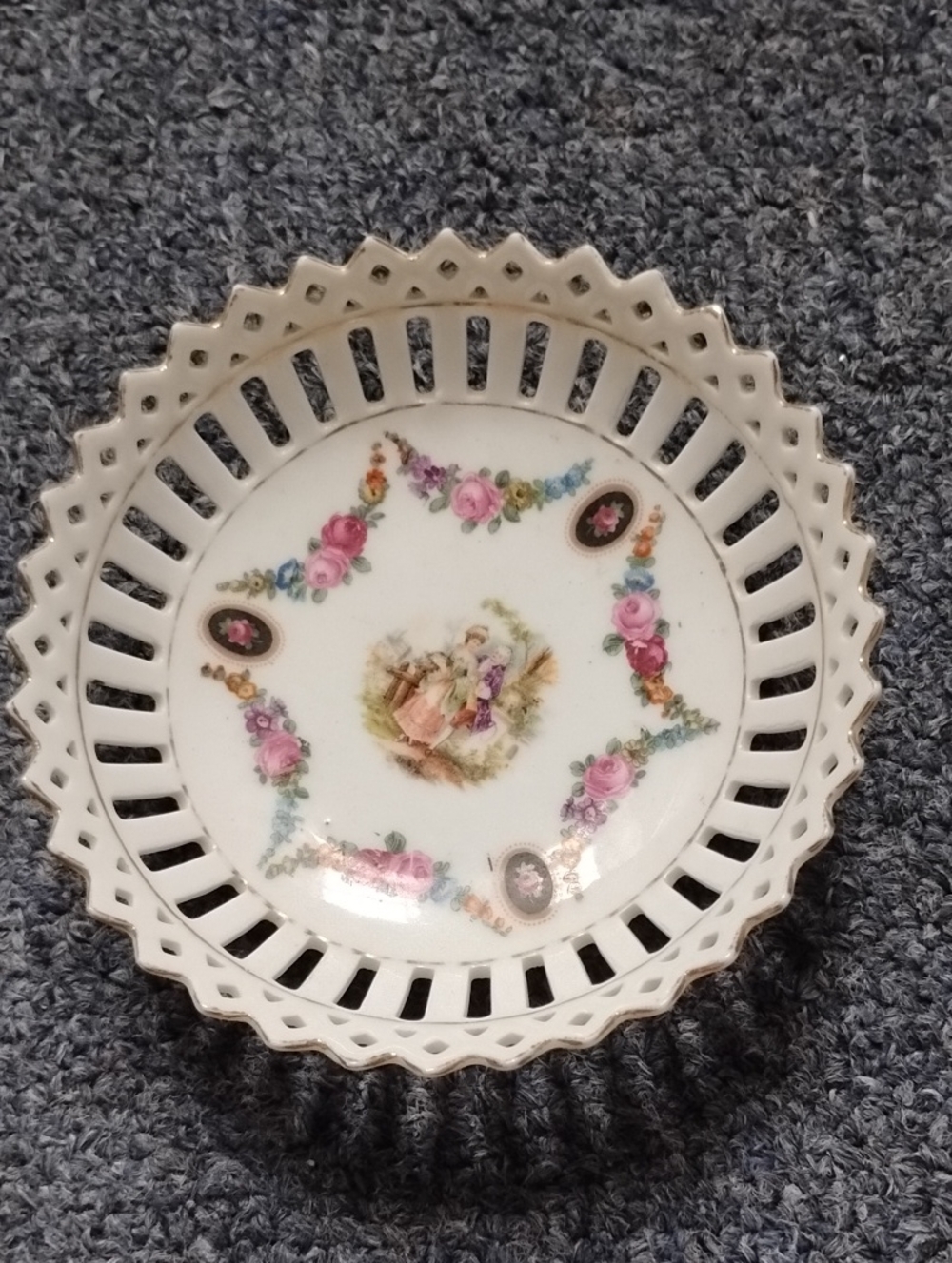 Vintage White Porcelain Reticulated Dish with Pink Rose Garland